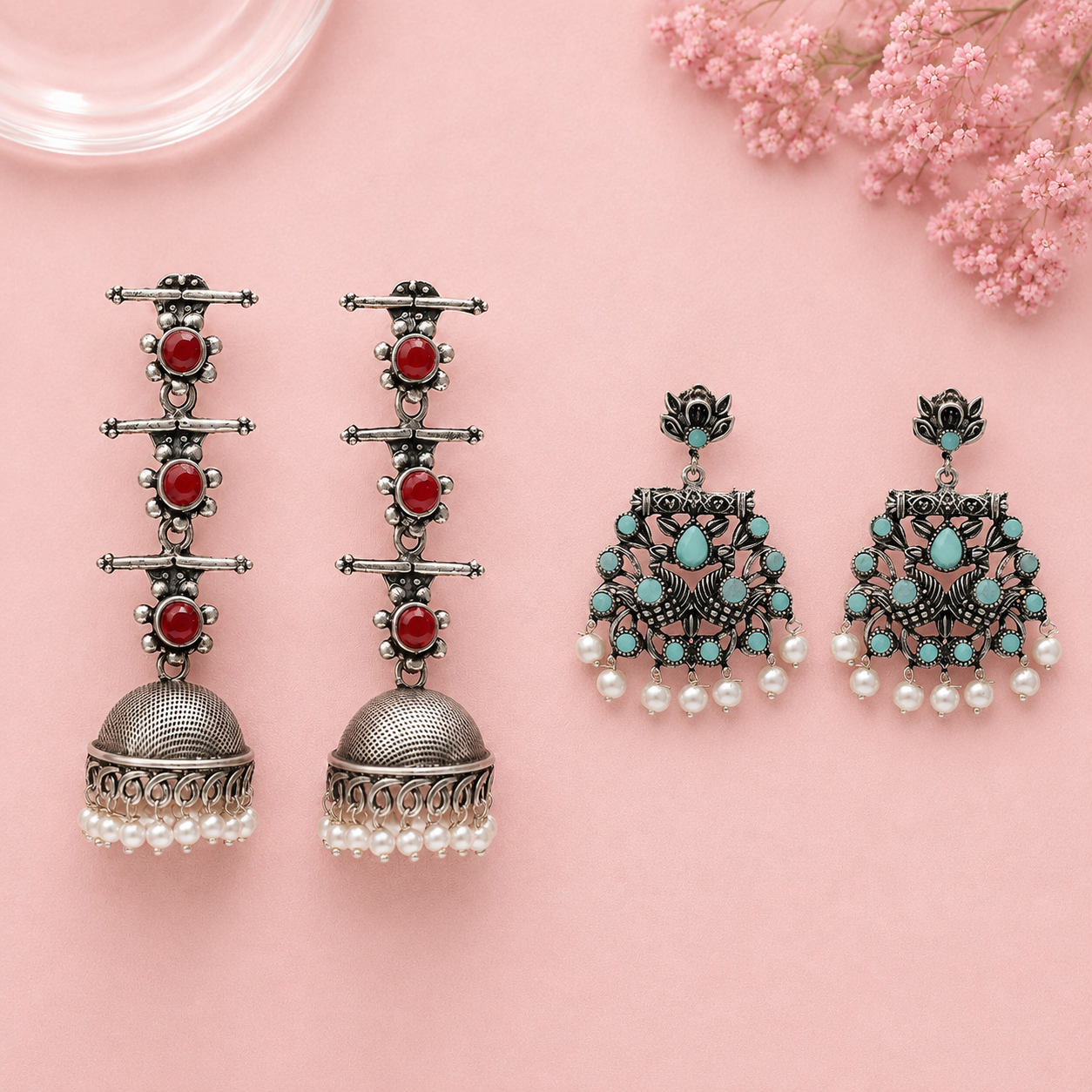Royal Triple Bell Layered Jhumka Earring (Dark Maroon) Peacock glow stone studded dangler earrings (Mint) Combo set