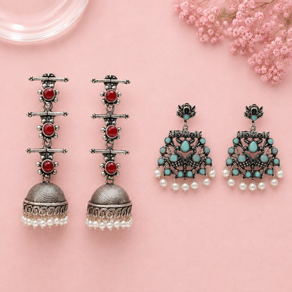 Royal Triple Bell Layered Jhumka Earring (Dark Maroon) Peacock glow stone studded dangler earrings (Mint) Combo set