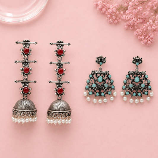 Royal Triple Bell Layered Jhumka Earring (Dark Maroon) Peacock glow stone studded dangler earrings (Mint) Combo set