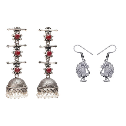 Royal Triple Bell Layered Jhumka Earring (Dark Maroon) Peacock royale dangler earrings (Silver) Combo set