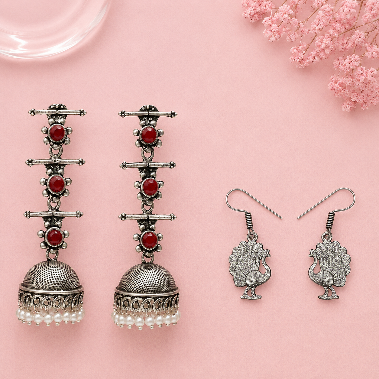 Royal Triple Bell Layered Jhumka Earring (Dark Maroon) Peacock royale dangler earrings (Silver) Combo set