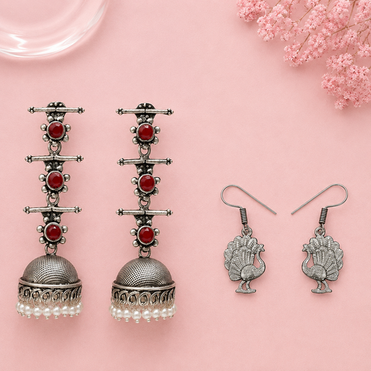Royal Triple Bell Layered Jhumka Earring (Dark Maroon) Peacock royale dangler earrings (Silver) Combo set