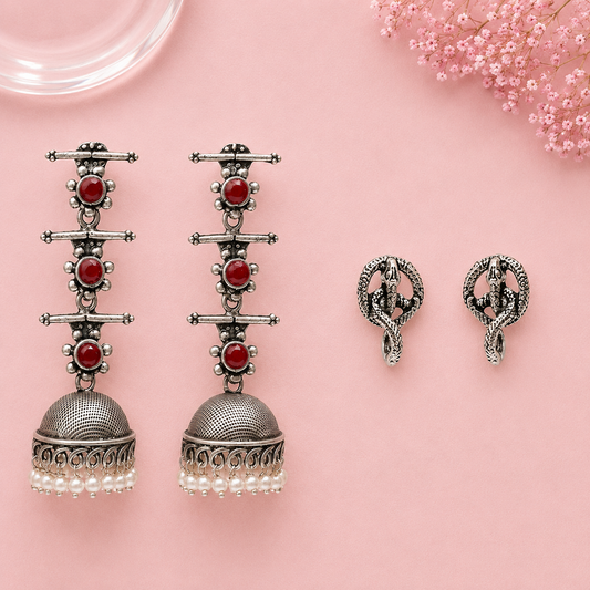 Royal Triple Bell Layered Jhumka Earring (Dark Maroon) Swirly snake oxidised stud earrings (Silver) Combo set