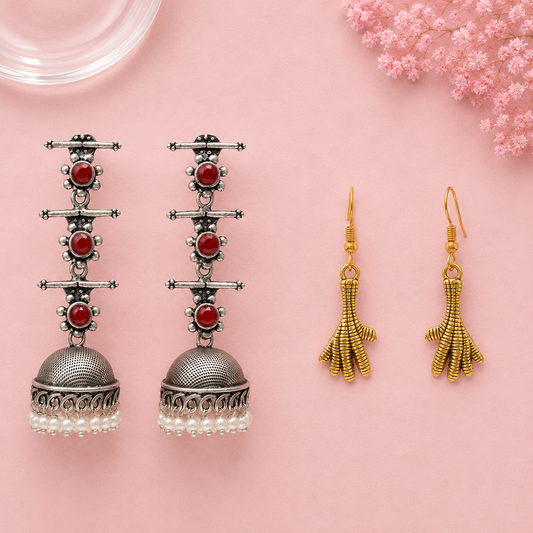 Royal Triple Bell Layered Jhumka Earring (Dark Maroon) Talon twist dangler earrings Combo set