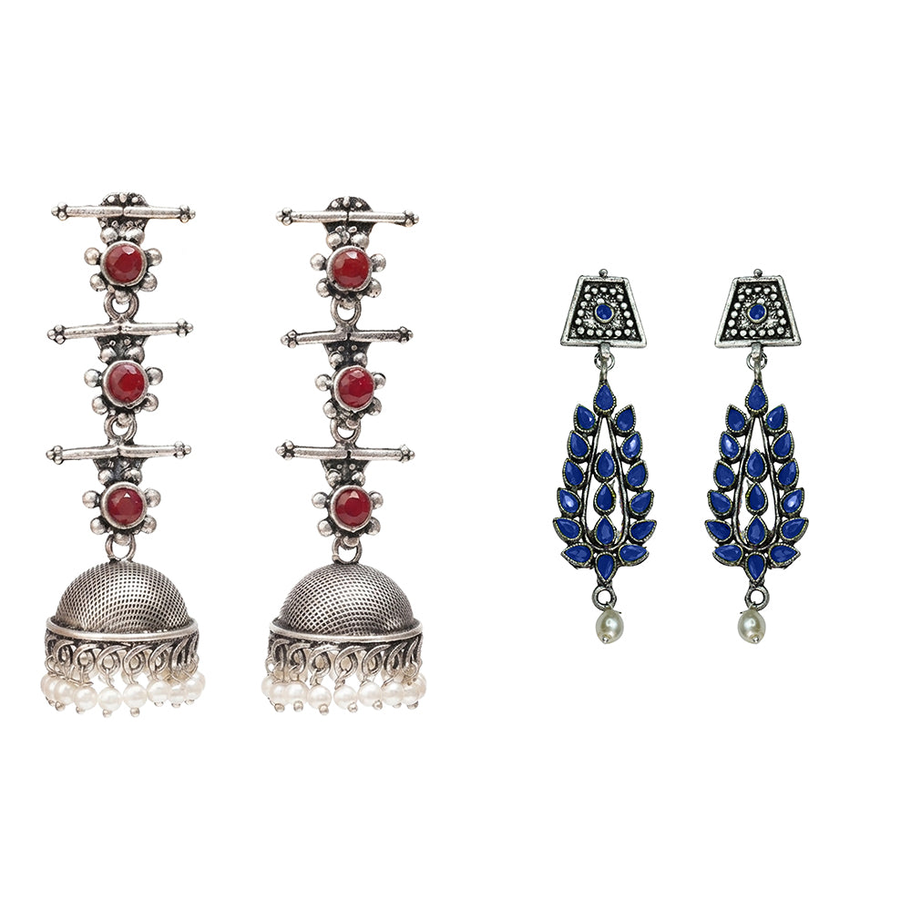 Royal Triple Bell Layered Jhumka Earring (Dark Maroon) Precious Petal stone studded dangler earring (Blue) Combo set