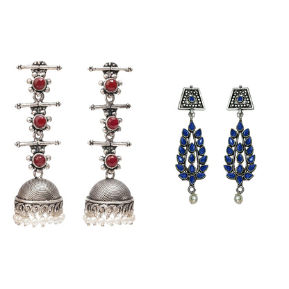 Royal Triple Bell Layered Jhumka Earring (Dark Maroon) Precious Petal stone studded dangler earring (Blue) Combo set