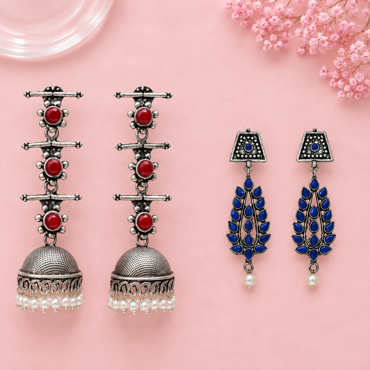 Royal Triple Bell Layered Jhumka Earring (Dark Maroon) Precious Petal stone studded dangler earring (Blue) Combo set