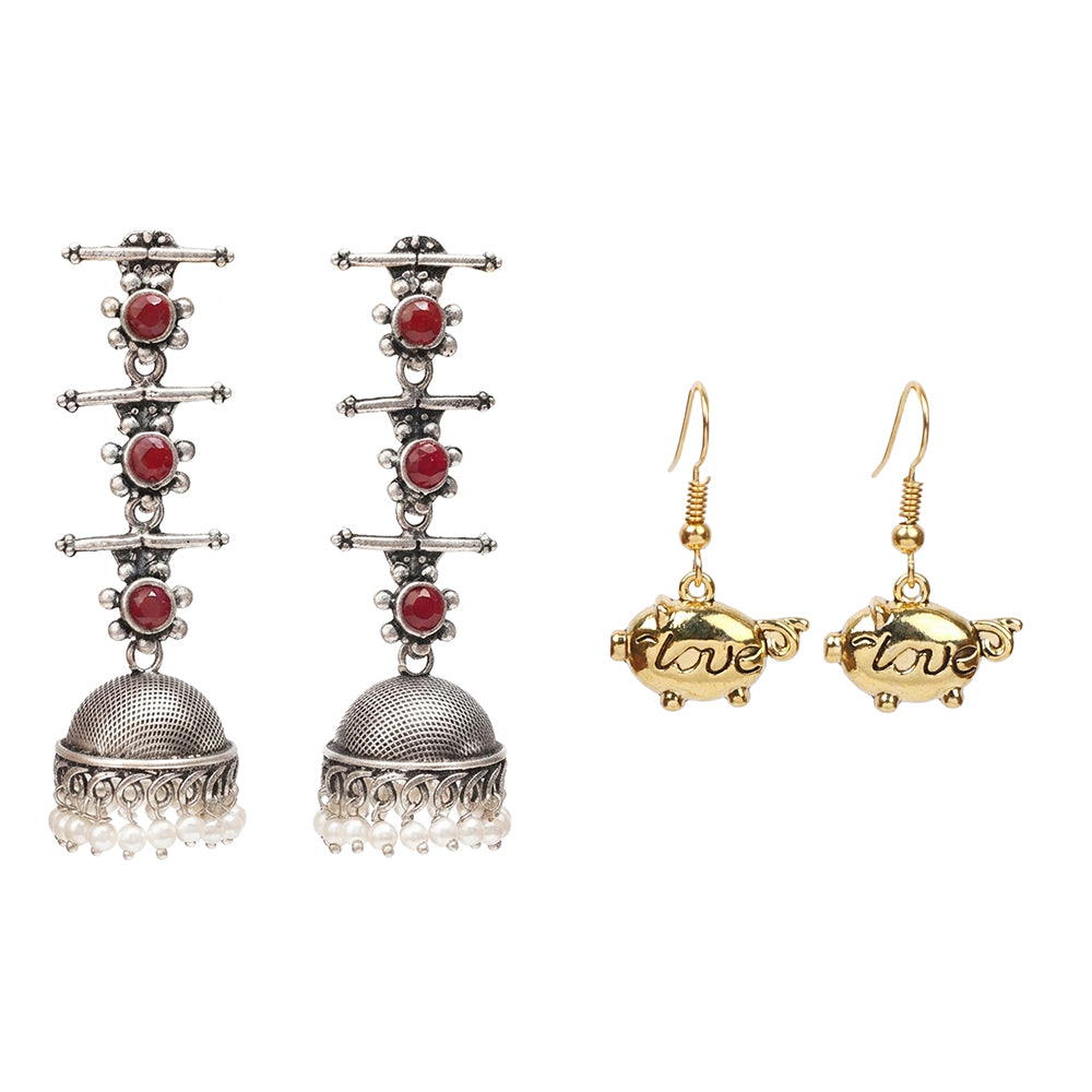 Royal Triple Bell Layered Jhumka Earring (Dark Maroon) Treasure oink dangler earrings Combo set