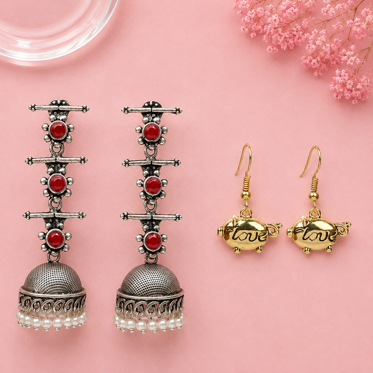 Royal Triple Bell Layered Jhumka Earring (Dark Maroon) Treasure oink dangler earrings Combo set