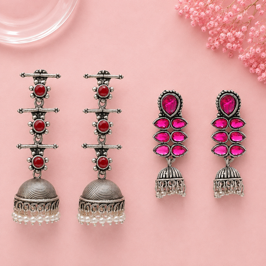 Royal Triple Bell Layered Jhumka Earring (Dark Maroon) Dazzle Dash Jhumki earring (Red) Combo set