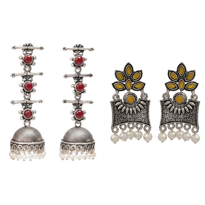 Royal Triple Bell Layered Jhumka Earring (Dark Maroon) Flora-Aura stone studded dangler earrings (Yellow) Combo set