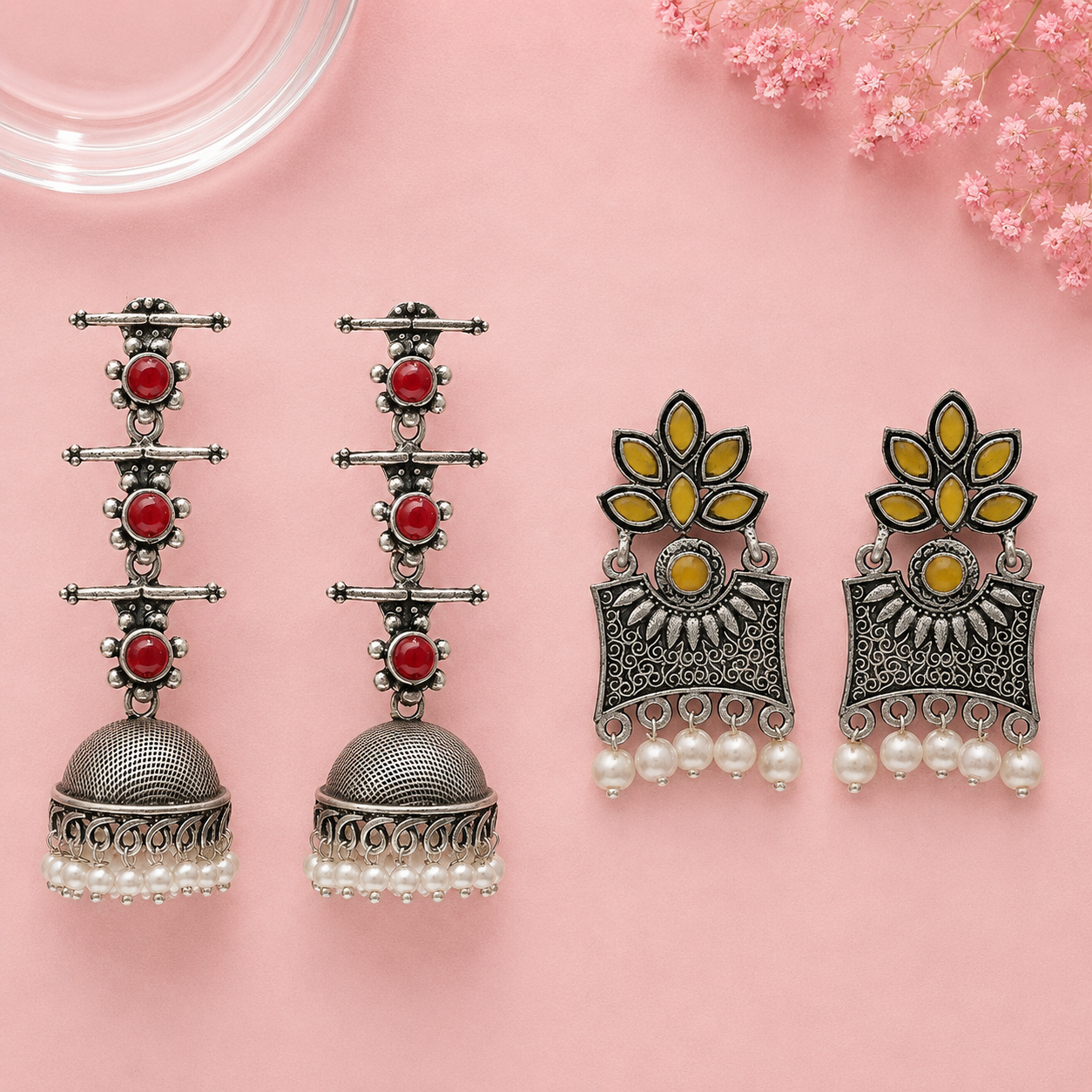 Royal Triple Bell Layered Jhumka Earring (Dark Maroon) Flora-Aura stone studded dangler earrings (Yellow) Combo set