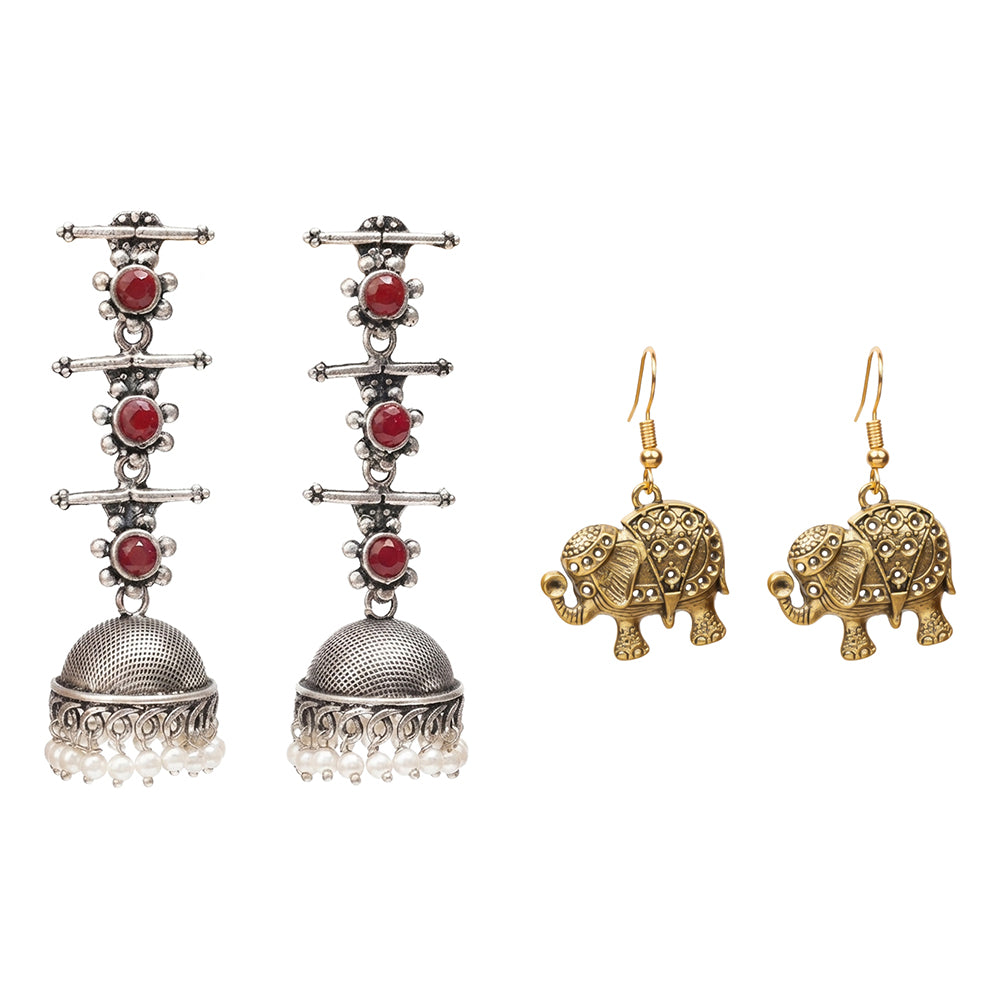 Royal Triple Bell Layered Jhumka Earring (Dark Maroon) Trunk twist dangler earrings Combo set
