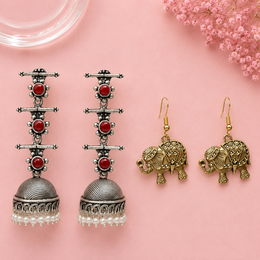 Royal Triple Bell Layered Jhumka Earring (Dark Maroon) Trunk twist dangler earrings Combo set
