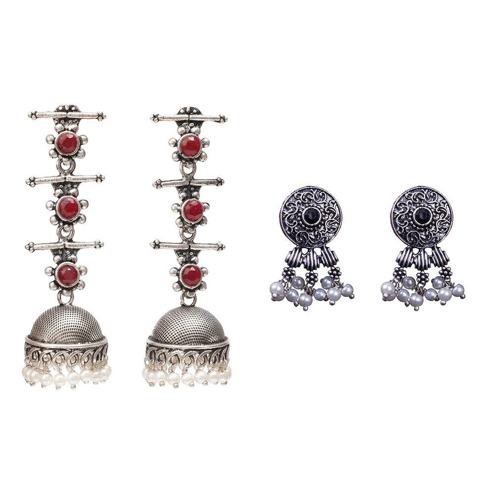 Royal Triple Bell Layered Jhumka Earring (Dark Maroon) Button rays stud earring (Black) Combo set