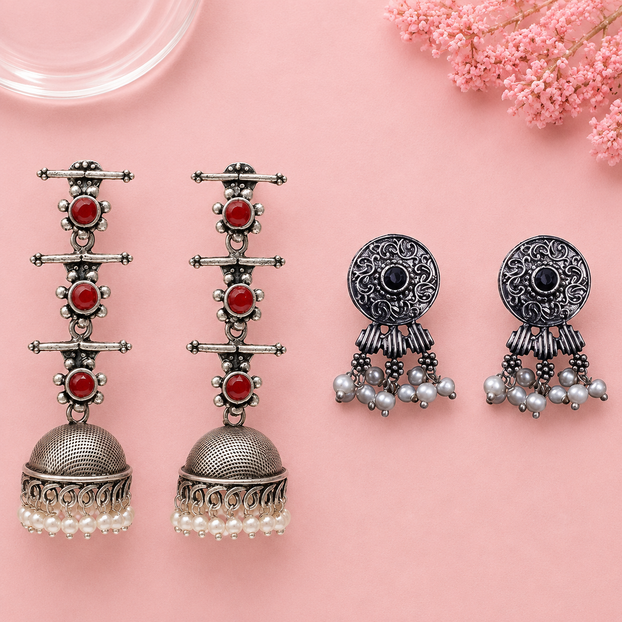 Royal Triple Bell Layered Jhumka Earring (Dark Maroon) Button rays stud earring (Black) Combo set
