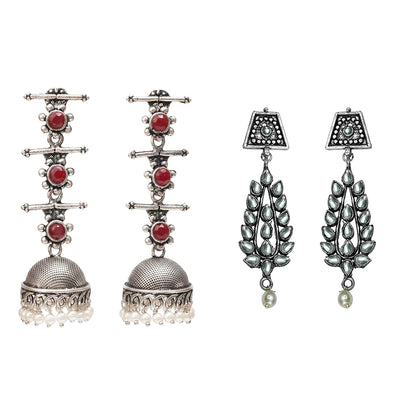 Royal Triple Bell Layered Jhumka Earring (Dark Maroon) Precious Petal stone studded dangler earring (White) Combo set