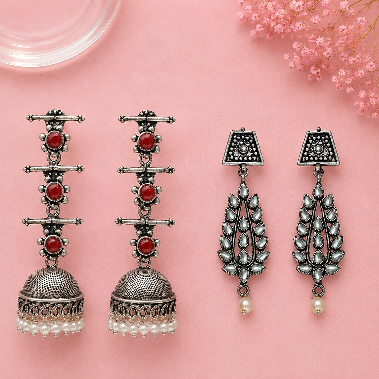 Royal Triple Bell Layered Jhumka Earring (Dark Maroon) Precious Petal stone studded dangler earring (White) Combo set