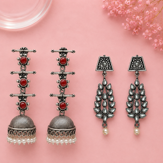 Royal Triple Bell Layered Jhumka Earring (Dark Maroon) Precious Petal stone studded dangler earring (White) Combo set