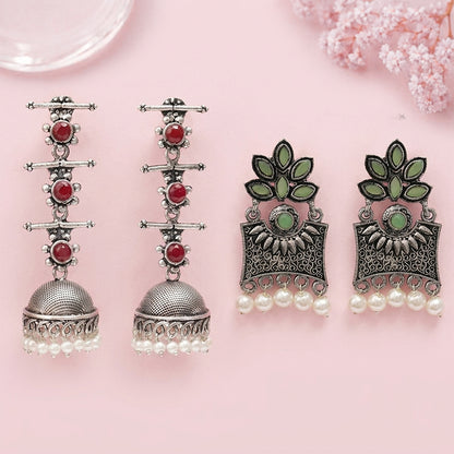 Royal Triple Bell Layered Jhumka Earring (Dark Maroon) Flora-Aura stone studded dangler earrings (Pista) Combo set