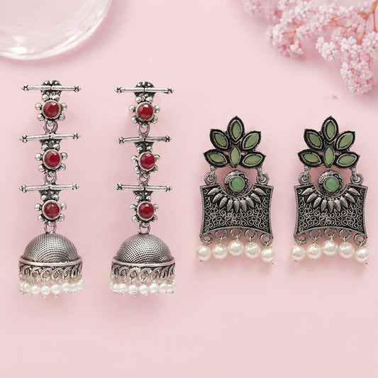 Royal Triple Bell Layered Jhumka Earring (Dark Maroon) Flora-Aura stone studded dangler earrings (Pista) Combo set