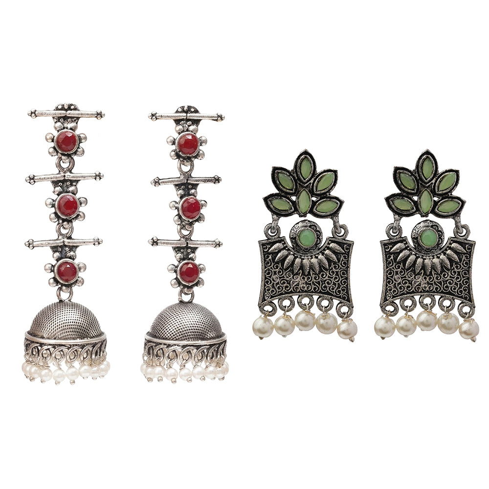 Royal Triple Bell Layered Jhumka Earring (Dark Maroon) Flora-Aura stone studded dangler earrings (Pista) Combo set