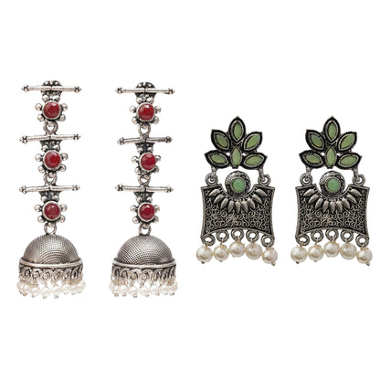 Royal Triple Bell Layered Jhumka Earring (Dark Maroon) Flora-Aura stone studded dangler earrings (Pista) Combo set