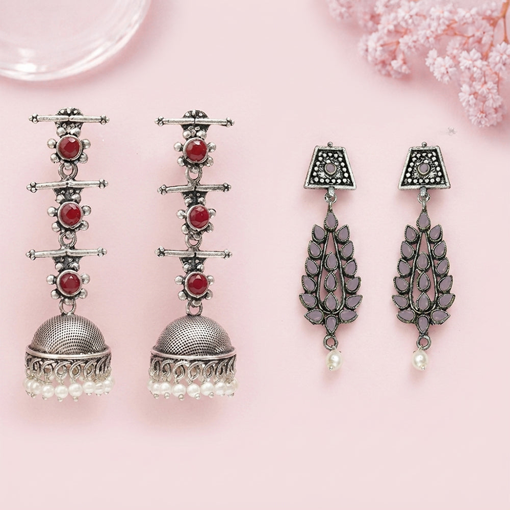 Royal Triple Bell Layered Jhumka Earring (Dark Maroon) Precious Petal stone studded dangler earring (Baby Pink) Combo set