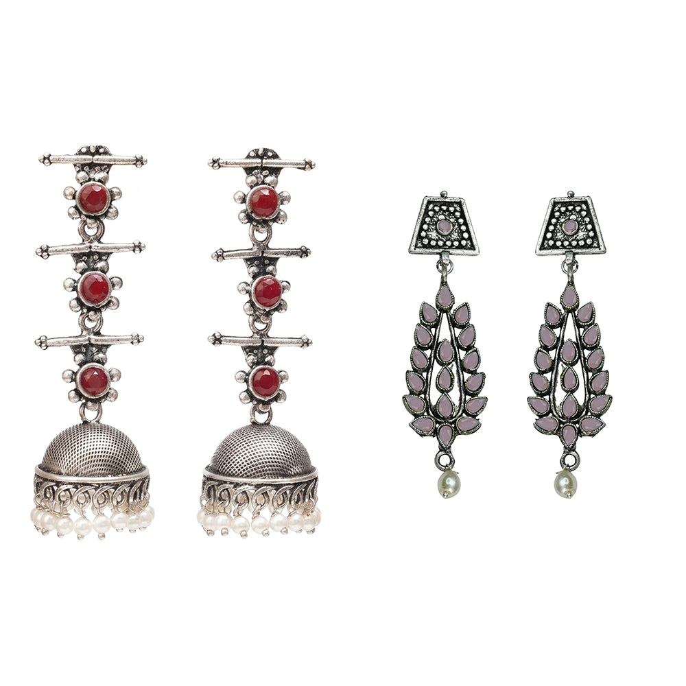 Royal Triple Bell Layered Jhumka Earring (Dark Maroon) Precious Petal stone studded dangler earring (Baby Pink) Combo set