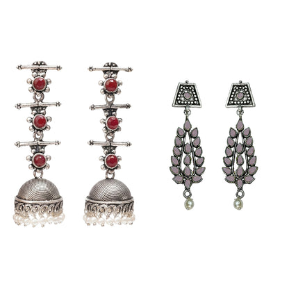 Royal Triple Bell Layered Jhumka Earring (Dark Maroon) Precious Petal stone studded dangler earring (Baby Pink) Combo set