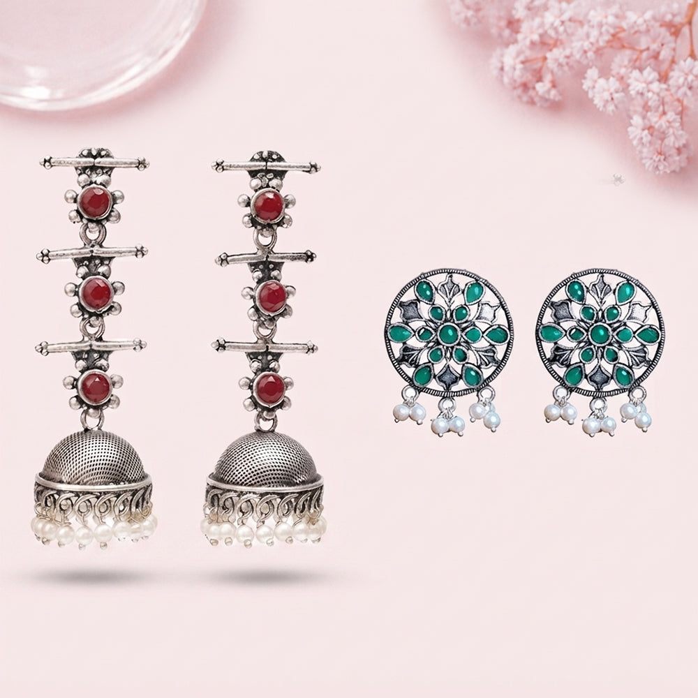 Royal Triple Bell Layered Jhumka Earring (Dark Maroon) Glass drops Dangler Earrings (Green) Combo set