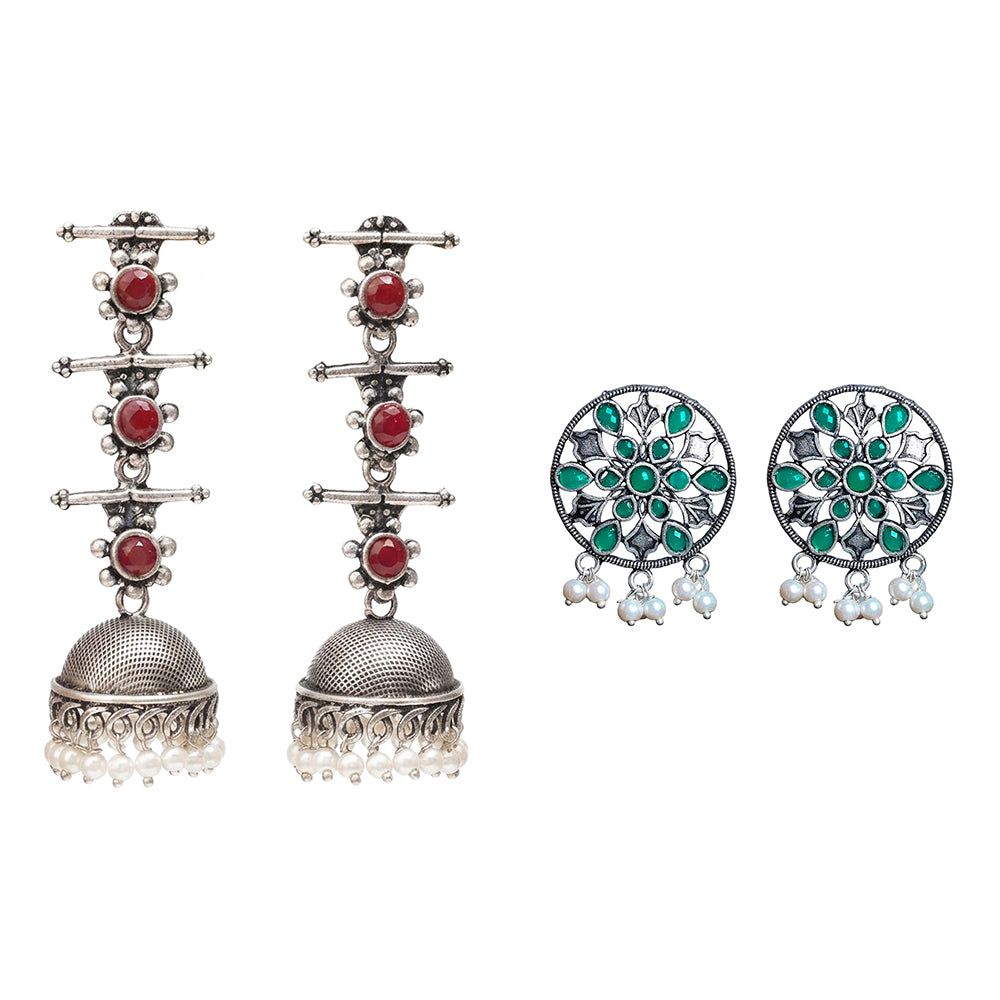 Royal Triple Bell Layered Jhumka Earring (Dark Maroon) Glass drops Dangler Earrings (Green) Combo set