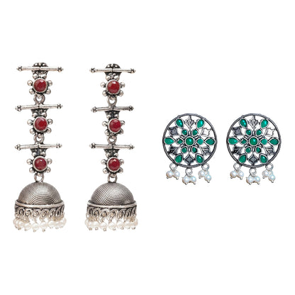 Royal Triple Bell Layered Jhumka Earring (Dark Maroon) Glass drops Dangler Earrings (Green) Combo set