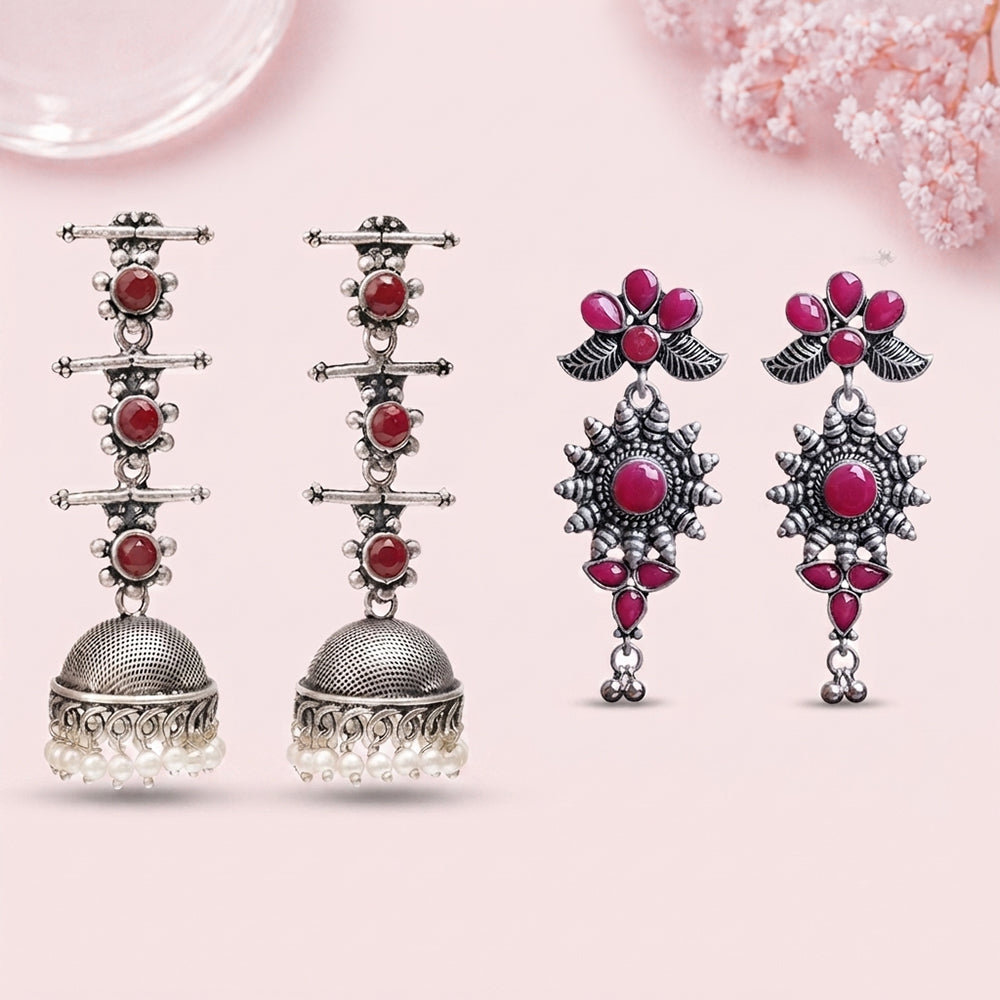 Royal Triple Bell Layered Jhumka Earring (Dark Maroon) FloraSun dangler earrings (Red) Combo set