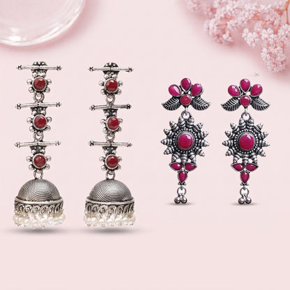 Royal Triple Bell Layered Jhumka Earring (Dark Maroon) FloraSun dangler earrings (Red) Combo set
