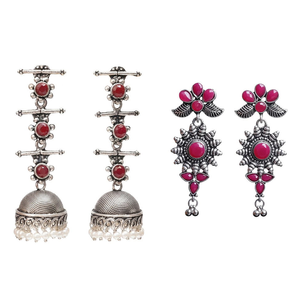 Royal Triple Bell Layered Jhumka Earring (Dark Maroon) FloraSun dangler earrings (Red) Combo set
