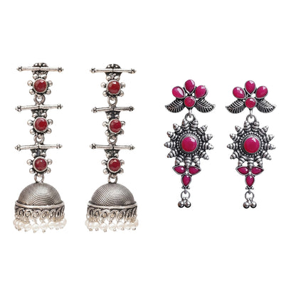 Royal Triple Bell Layered Jhumka Earring (Dark Maroon) FloraSun dangler earrings (Red) Combo set