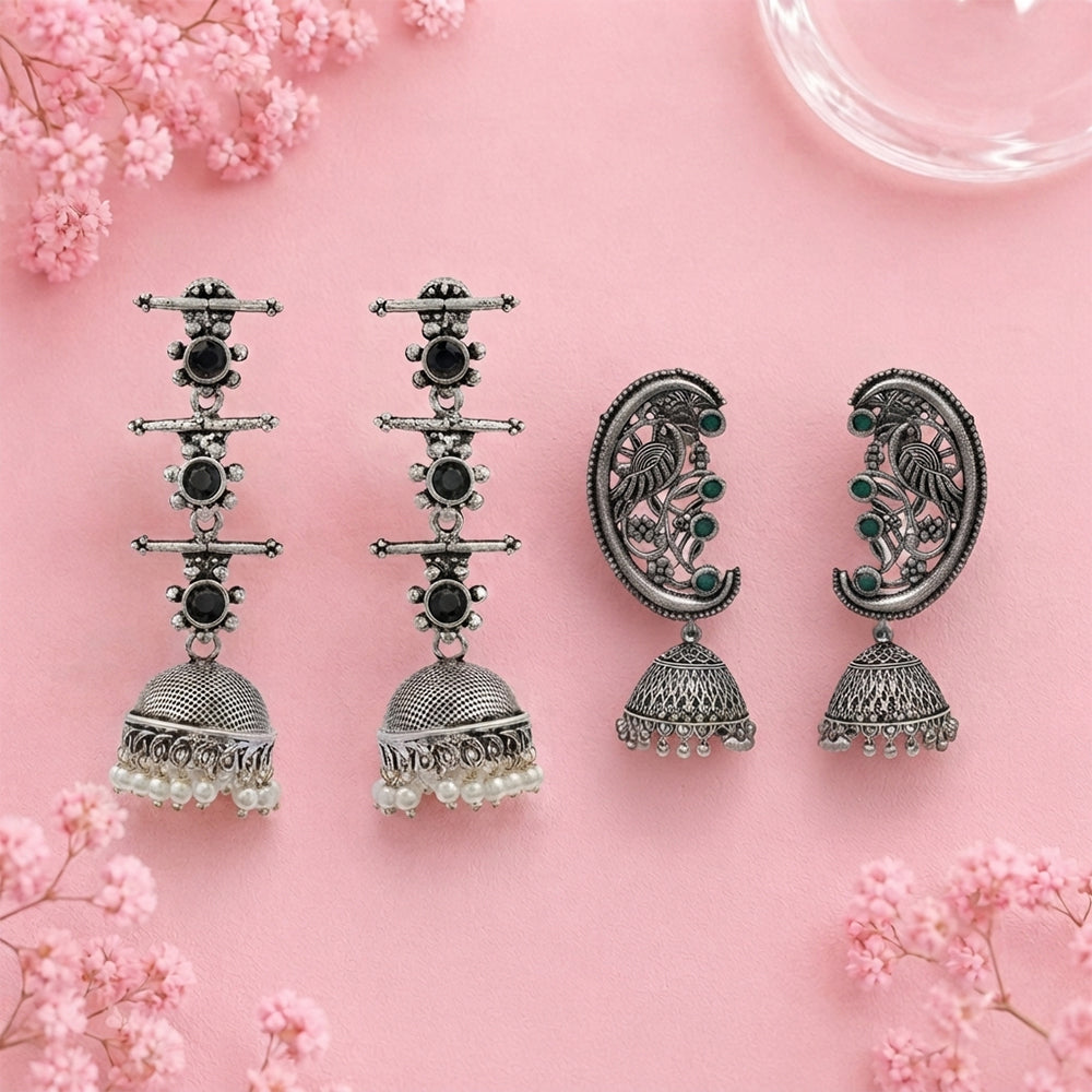 Royal Triple Bell Layered Jhumka Earring (Dark Maroon) Moon-lit Mayur Jhumki earrings (Green) Combo set
