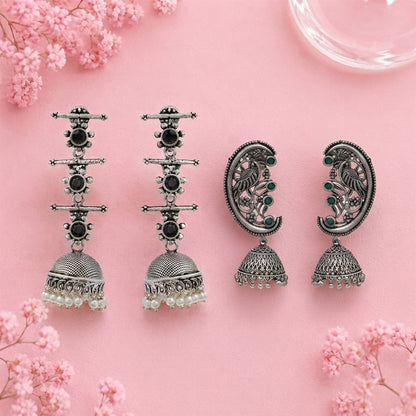 Royal Triple Bell Layered Jhumka Earring (Dark Maroon) Moon-lit Mayur Jhumki earrings (Green) Combo set