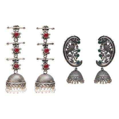 Royal Triple Bell Layered Jhumka Earring (Dark Maroon) Moon-lit Mayur Jhumki earrings (Green) Combo set