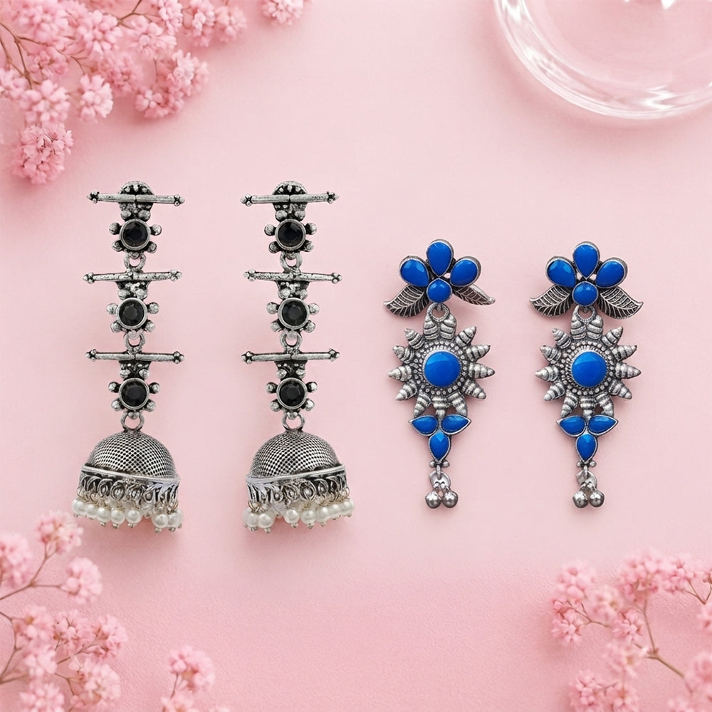 Royal Triple Bell Layered Jhumka Earring (Dark Maroon) FloraSun dangler earrings (Blue) Combo set
