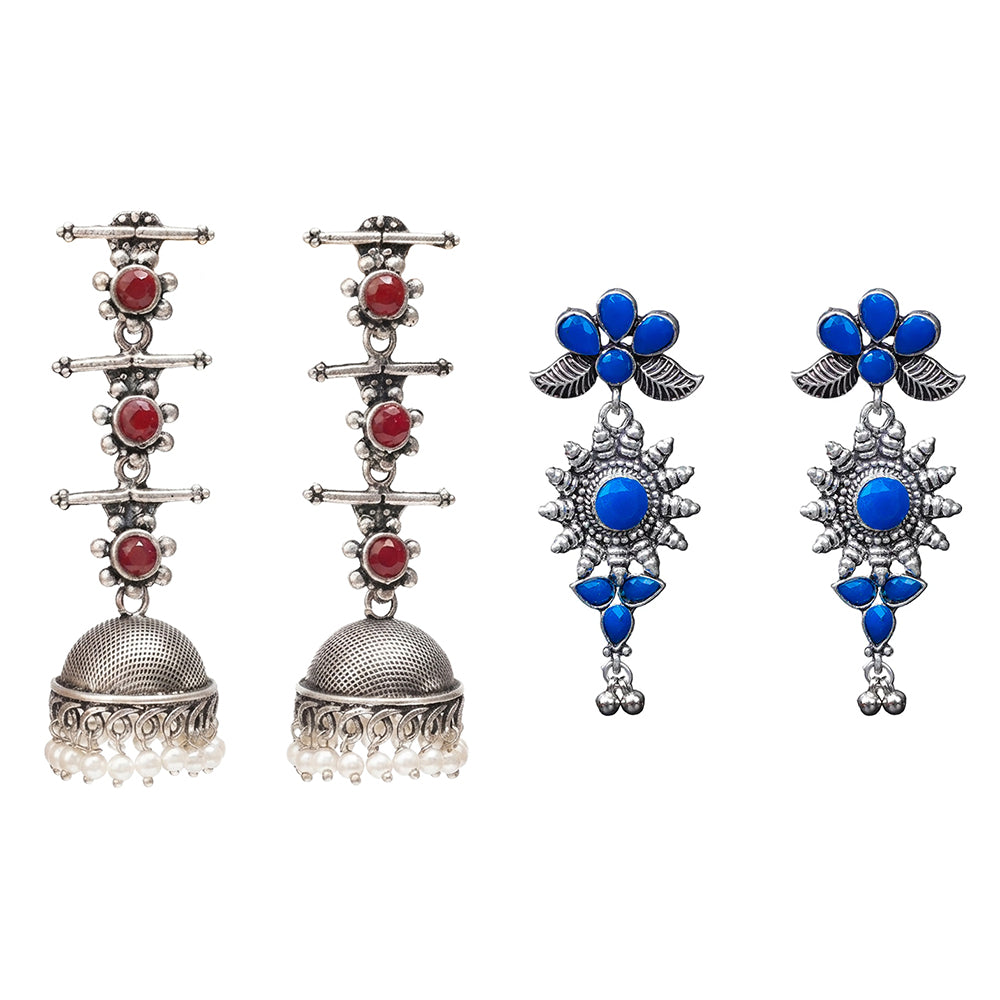 Royal Triple Bell Layered Jhumka Earring (Dark Maroon) FloraSun dangler earrings (Blue) Combo set