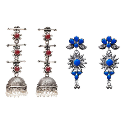 Royal Triple Bell Layered Jhumka Earring (Dark Maroon) FloraSun dangler earrings (Blue) Combo set