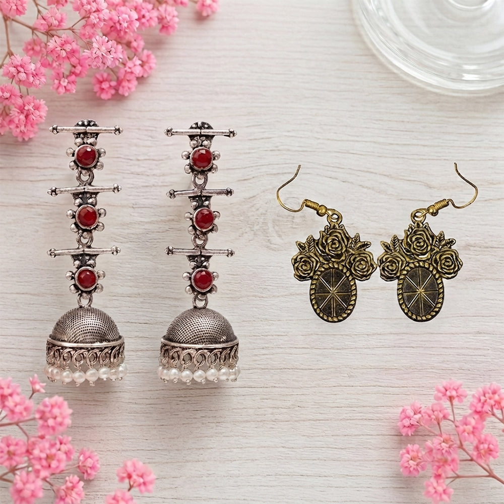 Royal Triple Bell Layered Jhumka Earring (Dark Maroon) Vintage Oval Flower Shaped Golden Polished Oxidised Danglers Combo set