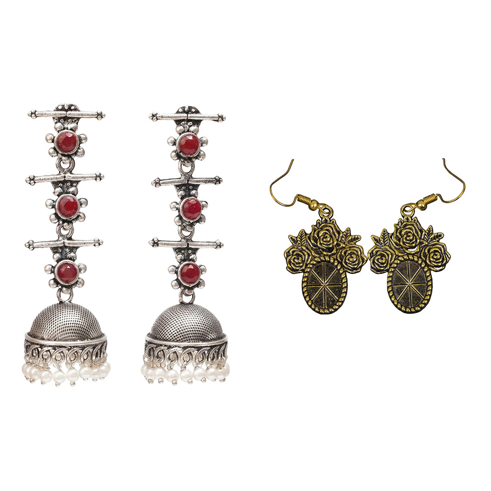 Royal Triple Bell Layered Jhumka Earring (Dark Maroon) Vintage Oval Flower Shaped Golden Polished Oxidised Danglers Combo set