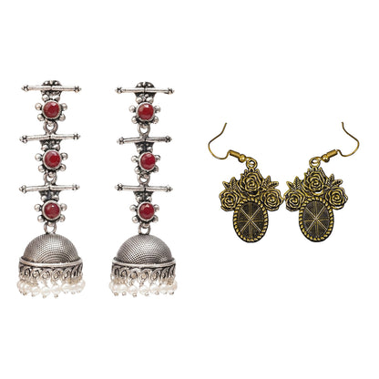 Royal Triple Bell Layered Jhumka Earring (Dark Maroon) Vintage Oval Flower Shaped Golden Polished Oxidised Danglers Combo set