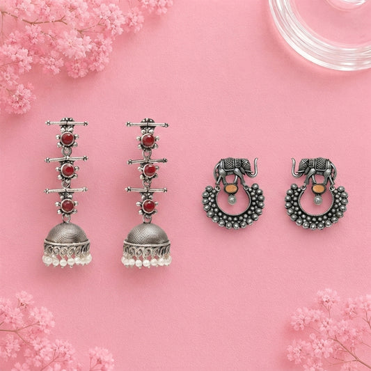 Royal Triple Bell Layered Jhumka Earring (Dark Maroon) Elephant Arc dangler earrings (Light Orange) Combo set