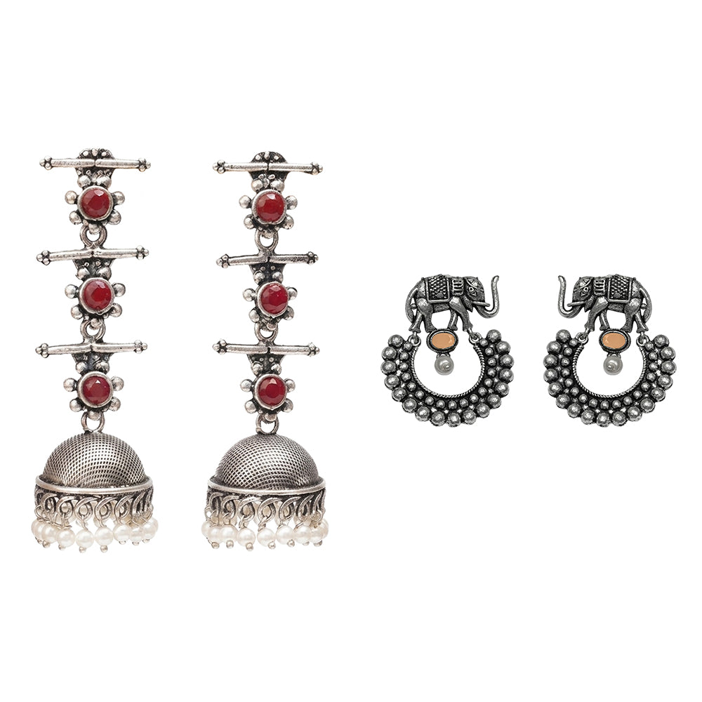 Royal Triple Bell Layered Jhumka Earring (Dark Maroon) Elephant Arc dangler earrings (Light Orange) Combo set