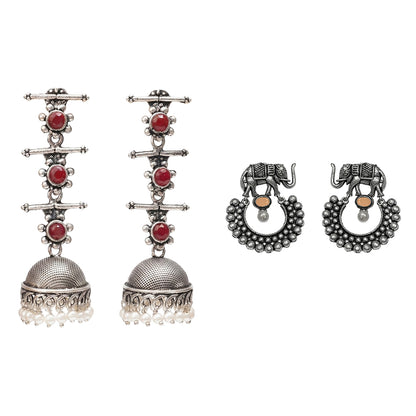 Royal Triple Bell Layered Jhumka Earring (Dark Maroon) Elephant Arc dangler earrings (Light Orange) Combo set