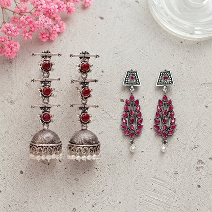 Royal Triple Bell Layered Jhumka Earring (Dark Maroon) Precious Petal stone studded dangler earring (Red) Combo set